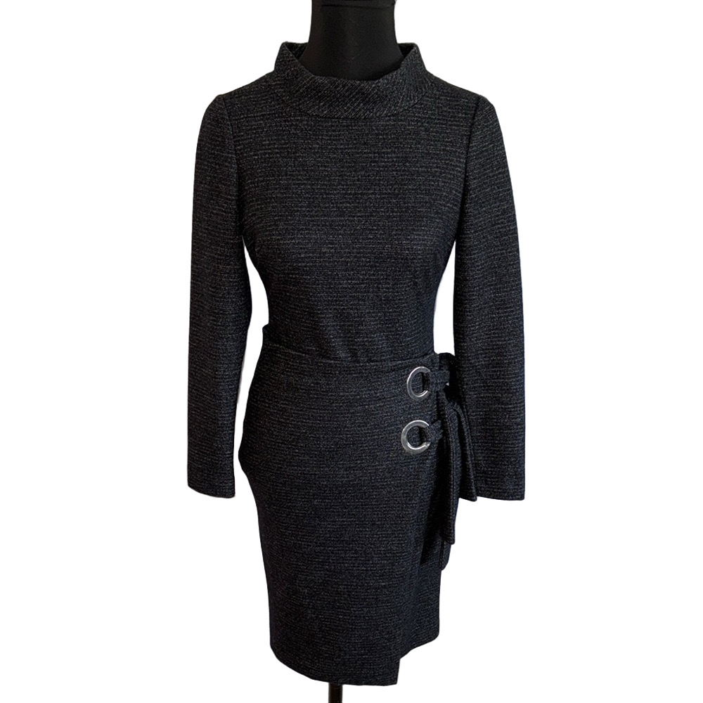 Badgley Mischka Black Heathered Wrap Sheath Dress Size 2
